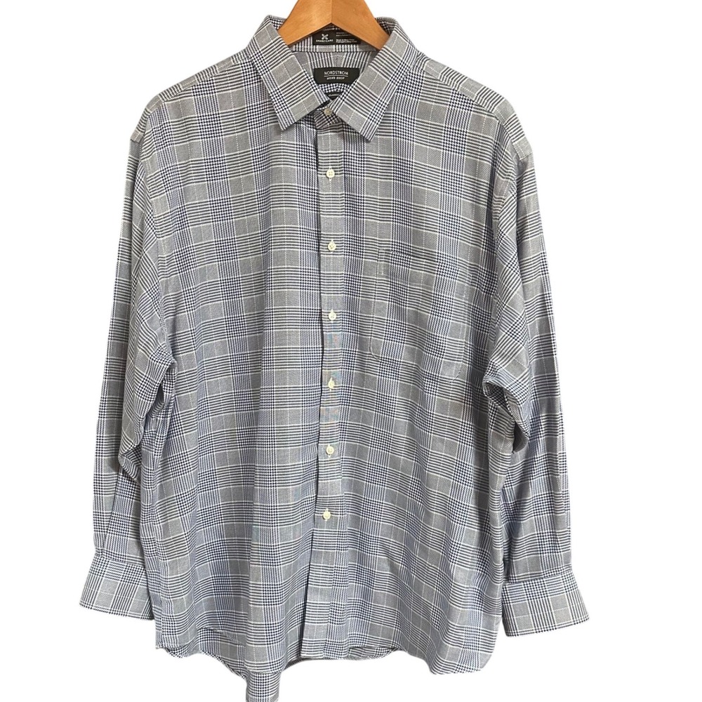 Nordstrom Men's Shop Glen Plaid Button Down Shirt Blue White 17.5 33 Classic Fit